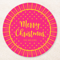 Vibrant Pink Starburst Script Merry Christmas Round Paper Coaster