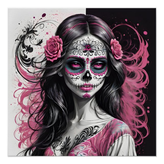 Vibrant Pink Sugar Skull Lady Art Print (Front)