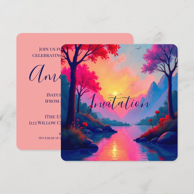 Vibrant Pink Sunset Dreamy Fantasy Landscape Invitation (Front/Back)