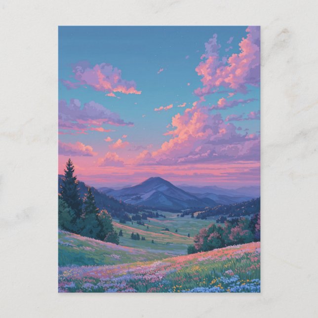 Vibrant Pink Sunset Over Mountain Meadow Postcard (Front)