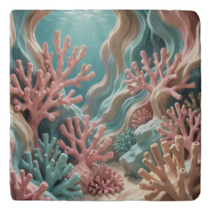 Vibrant Pink Teal Coral Reef Underwater Ocean Trivet