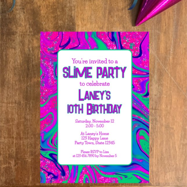 Vibrant Pink Teal Groovy Birthday Slime Party  Invitation (Customize this unique trendy invitation for a fun slime birthday party. Groovy swirled pink and teal)