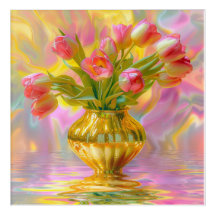 Vibrant Pink Tulips in Golden Vase