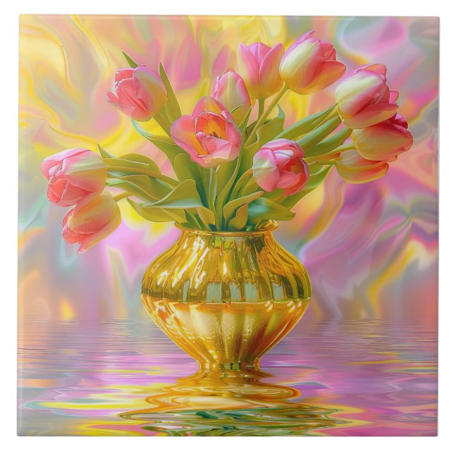 Vibrant Pink Tulips in Golden Vase Ceramic Tile (Front)