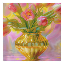 Vibrant Pink Tulips in Golden Vase