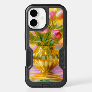 Vibrant Pink Tulips in Golden Vase iPhone 16 Case