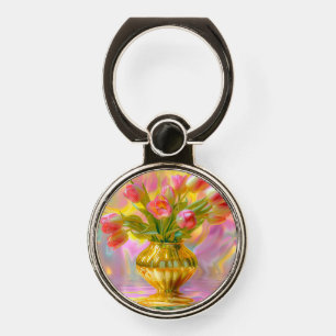 Vibrant Pink Tulips in Golden Vase Phone Ring Stand