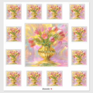 Vibrant Pink Tulips in Golden Vase Sticker