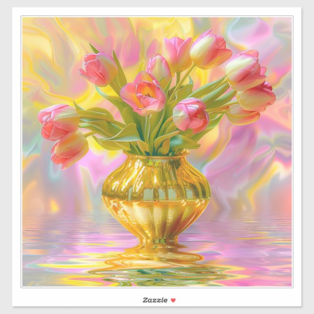 Vibrant Pink Tulips in Golden Vase Sticker (Sheet)