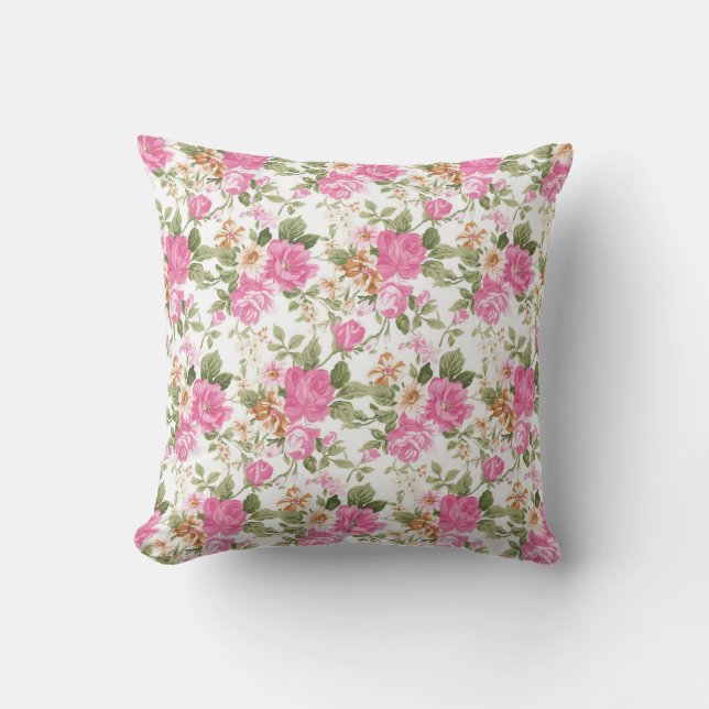 Vibrant pink Victorian rose throw pillow (Front)