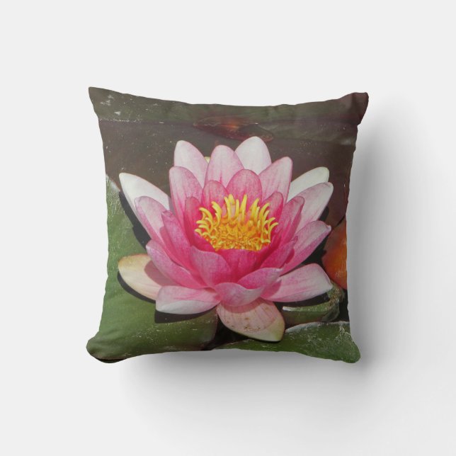 Vibrant Pink Water Lily with Lily Pads Photograph Throw Pillow (Front)