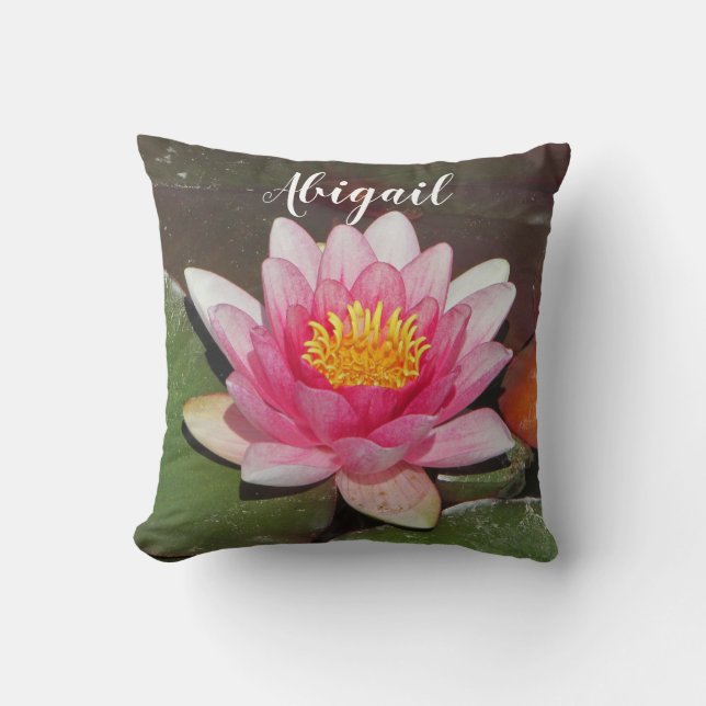Vibrant Pink Water Lily with Lily Pads Photograph Throw Pillow (Front)