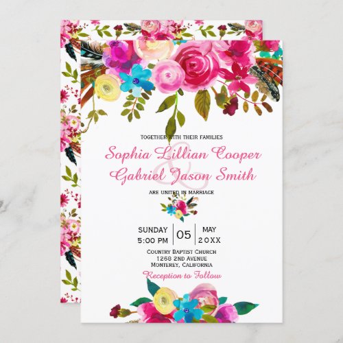 Vibrant Pink Watercolor Floral Typography Wedding Invitation