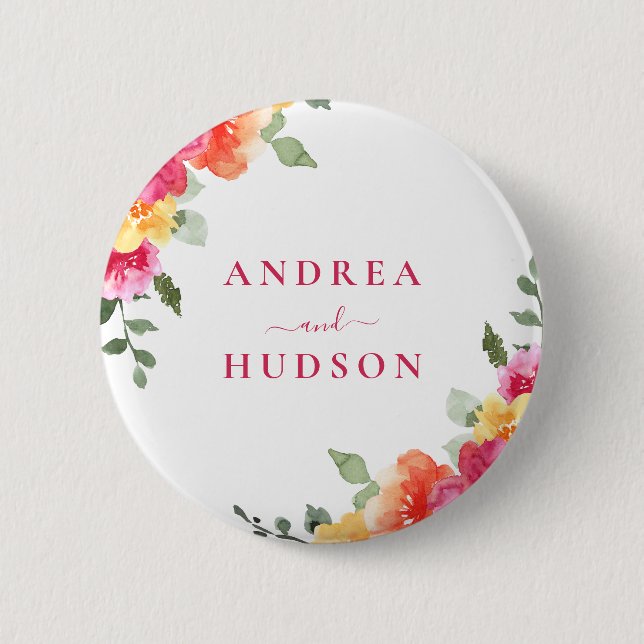 Vibrant Pink Watercolor Floral Wedding Button (Front)