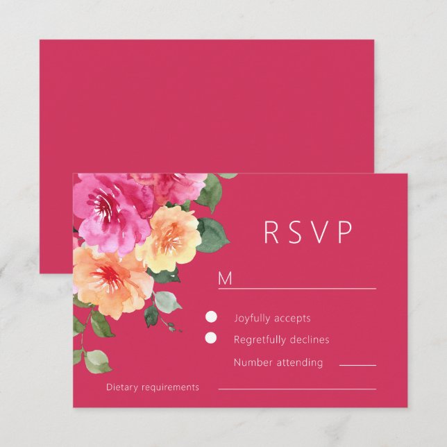 Vibrant Pink Watercolor Floral Wedding RSVP Card (Front/Back)