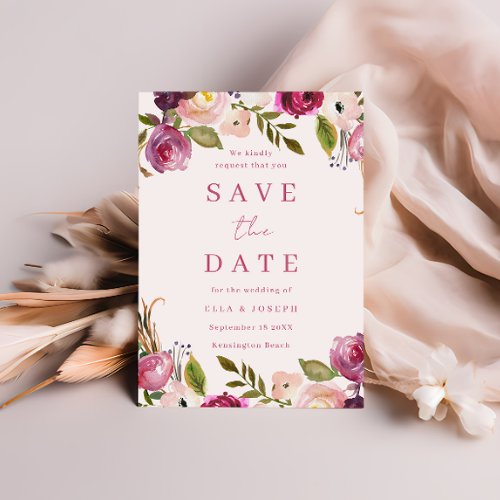 Vibrant Pink Watercolor Floral Wreath Wedding Save The Date