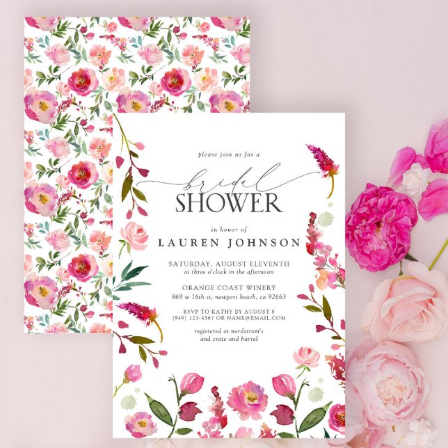 Vibrant Pink Watercolor Flowers Bridal Shower Invitation (Bridal Shower Invitation)