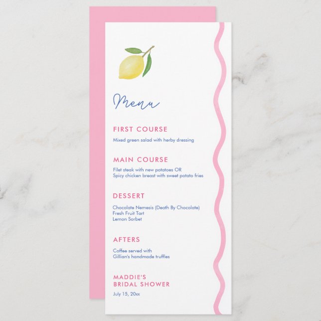 Vibrant Pink Wavy Line Lemon Baby Shower Party  Menu (Front/Back)