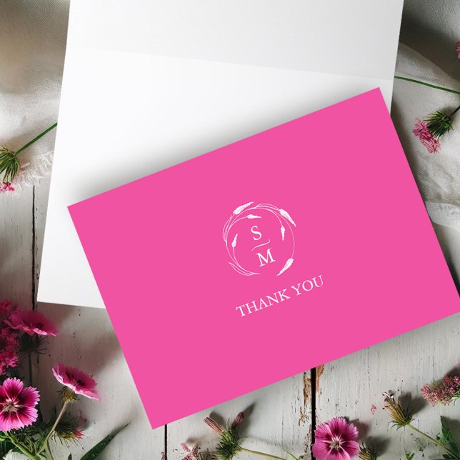 Vibrant Pink Wedding Thank You Cards Templates (Wedding thank you card vibrant pink floral line art by Victoria Grigaliunas Do Tell A Belle)