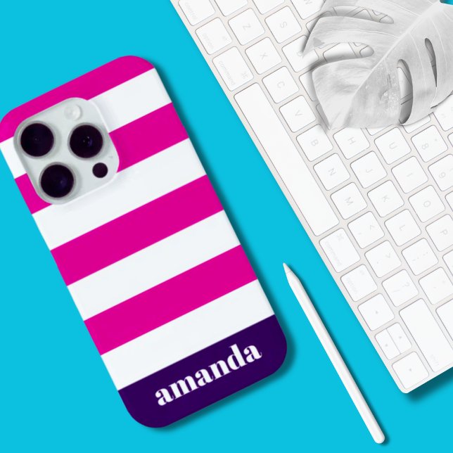 Vibrant Pink White Stripes Custom Name Case-Mate iPhone Case (Customizable Name iPhone 15 Case)