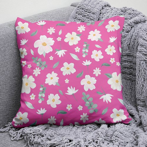 Vibrant pink  white watercolor floral  foliage throw pillow