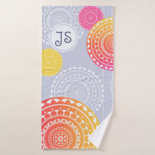 Vibrant Pink Yellow Random Mandala Monogram Bath Towel