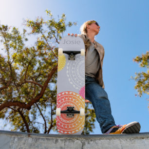 Vibrant Pink Yellow Random Mandala on Blue Name Skateboard