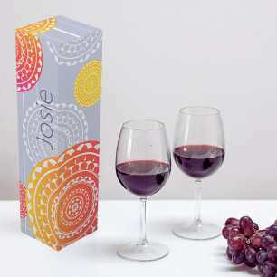 Vibrant Pink Yellow Random Mandala on Blue Name  Wine Box
