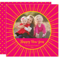 Vibrant Pink Yellow Starburst Happy New Year Photo Card