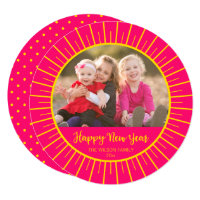 Vibrant Pink Yellow Starburst Happy New Year Photo Card