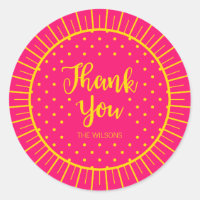 Vibrant Pink Yellow Starburst Script Thank You Classic Round Sticker