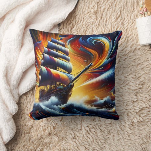 Vibrant Pirate Ship Sailing Through Turbulent Seas Throw Pillow