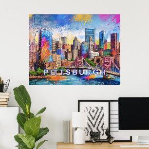 Vibrant Pittsburgh Skyline, Colorful Urban Art Poster