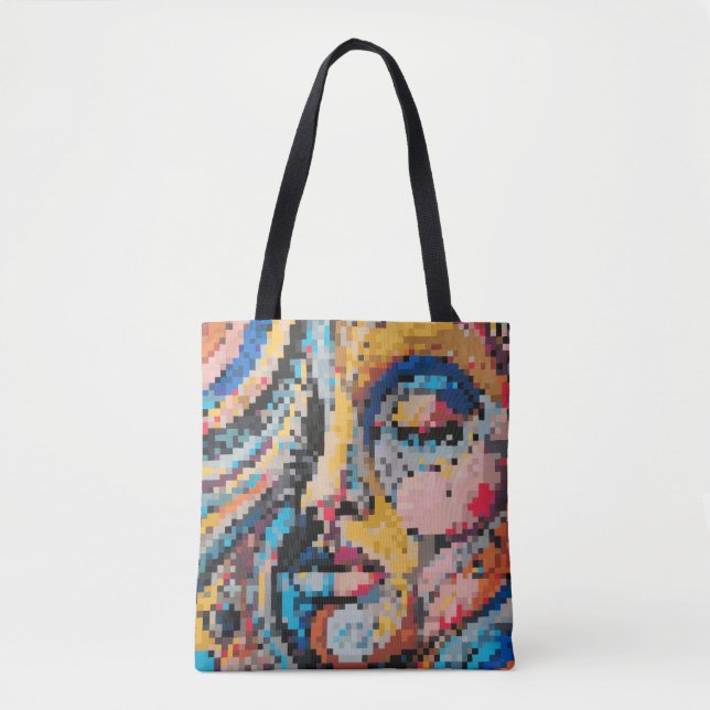Vibrant pixel portrait in bold tones  tote bag (Front)