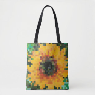 Vibrant pixelated sunflower with green background tote bag