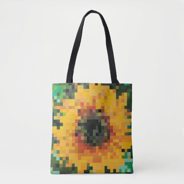 Vibrant pixelated sunflower with green background tote bag (Front)