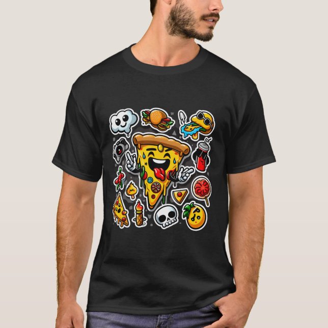 Vibrant Pizza Party Sticker Art T-Shirt (Front)