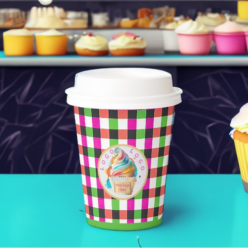 Vibrant Plaid Cupcake Business Logo  Paper Cups