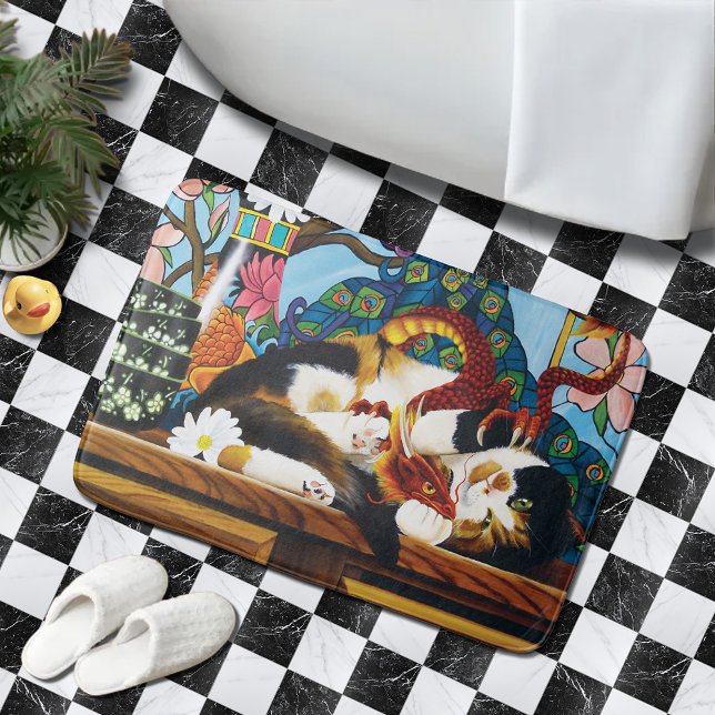 Vibrant Playful Calico Red Dragon Fantasy Bath Mat (Creator Uploaded)