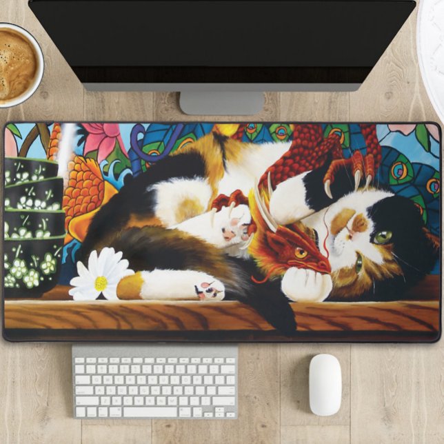 Vibrant Playful Calico Red Dragon Fantasy Desk Mat (Creator Uploaded)