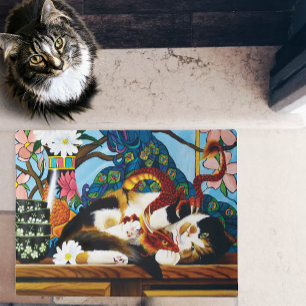 Vibrant Playful Calico Red Dragon Fantasy Doormat