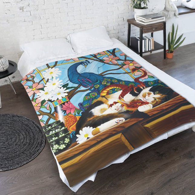 Vibrant Playful Calico Red Dragon Fantasy Fleece Blanket (Creator Uploaded)