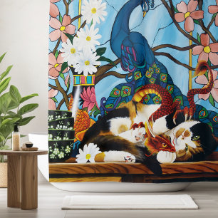 Vibrant Playful Calico Red Dragon Fantasy Shower Curtain