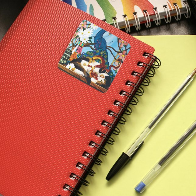 Vibrant Playful Calico Red Dragon Fantasy Square Sticker (Creator Uploaded)