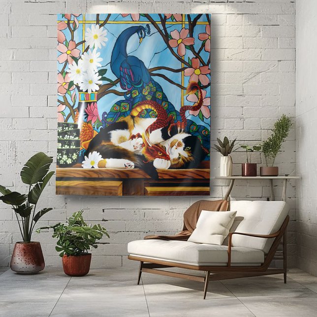 Vibrant Playful Calico Red Dragon Fantasy Tapestry (Creator Uploaded)