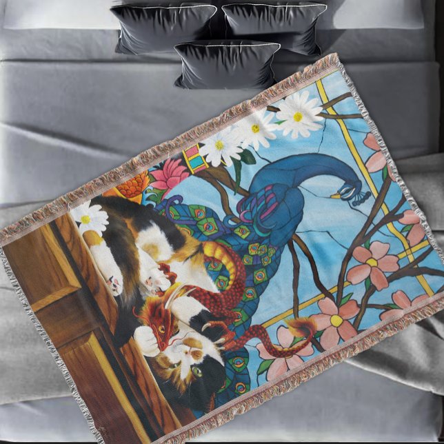 Vibrant Playful Calico Red Dragon Fantasy Throw Blanket (Creator Uploaded)