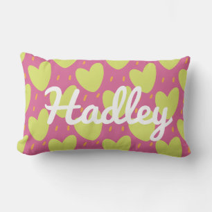 Vibrant Playful Hearts, Pink and Green Name Lumbar Pillow