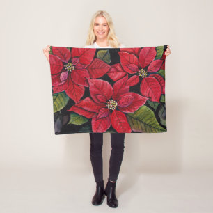 Vibrant Poinsettia In Watercolor  Fleece Blanket