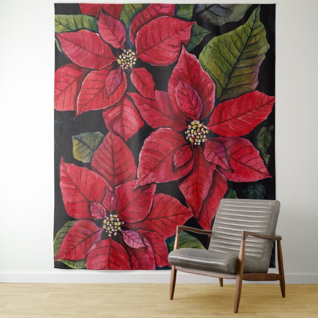 Vibrant Poinsettia In Watercolor  Tapestry (In Situ)
