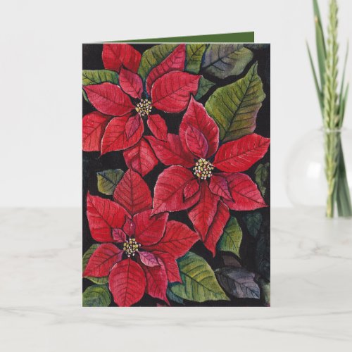 Vibrant Poinsettias In Watercolor   Card